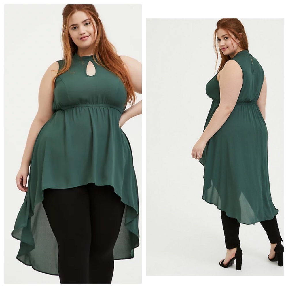 GREEN GEORGETTE MOCK NECK HI-LO BABYDOLL TUNIC